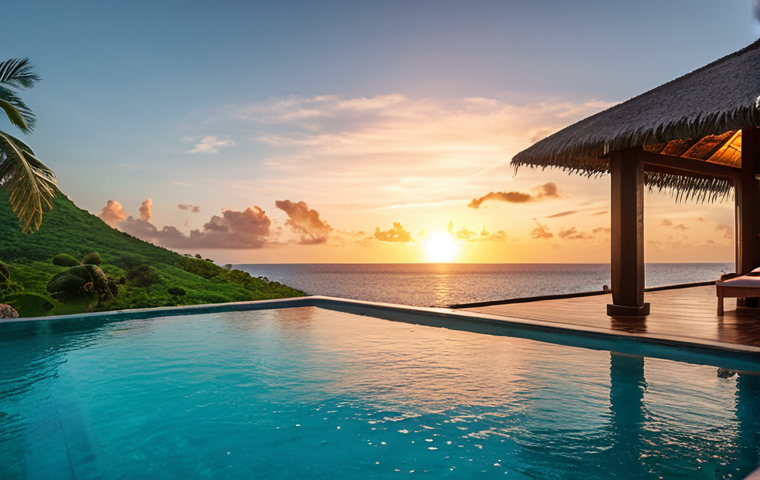 A luxurious resort villa in Comoros, featuring a private infinity pool overlooking the turquoise Indian Ocean at sunset. The scene should convey elegance, tranquility, and a dream-like atmosphere, with soft lighting and a hint of a couple enjoying the view.