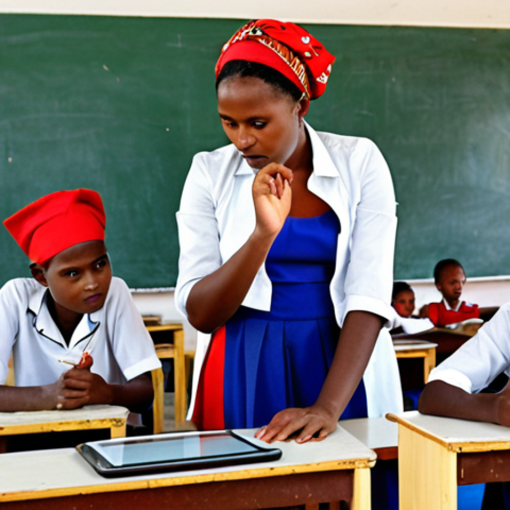 **Image Prompt:** A vibrant classroom scene in Comoros. A diverse group of students are engaged in a lesson using tablets and computers. The teacher, a Comorian woman, is guiding them, with a backdrop showcasing local Comorian culture and STEM-related visuals (science beakers, gears, etc.). The scene should convey a sense of modern learning and technological integration, emphasizing accessibility for all, including female students.
