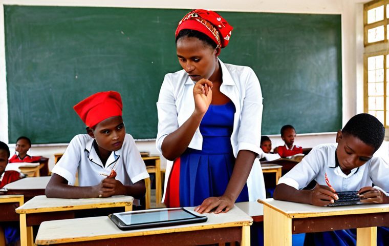 **Image Prompt:** A vibrant classroom scene in Comoros. A diverse group of students are engaged in a lesson using tablets and computers. The teacher, a Comorian woman, is guiding them, with a backdrop showcasing local Comorian culture and STEM-related visuals (science beakers, gears, etc.). The scene should convey a sense of modern learning and technological integration, emphasizing accessibility for all, including female students.