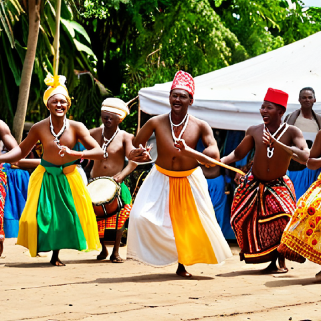 A vibrant outdoor scene capturing a traditional Comorian folk dance performance. Energetic dancers in colorful, flowing attire are in mid-movement, embodying the lively spirit. Musicians passionately play 'Ngoma' and 'Mbuji' drums, a 'flute', and a 'gabus' or 'oud', filling the festive atmosphere with rich melodies. The setting is bright and joyful, highlighting the deep communal and cultural heritage of Comoros.