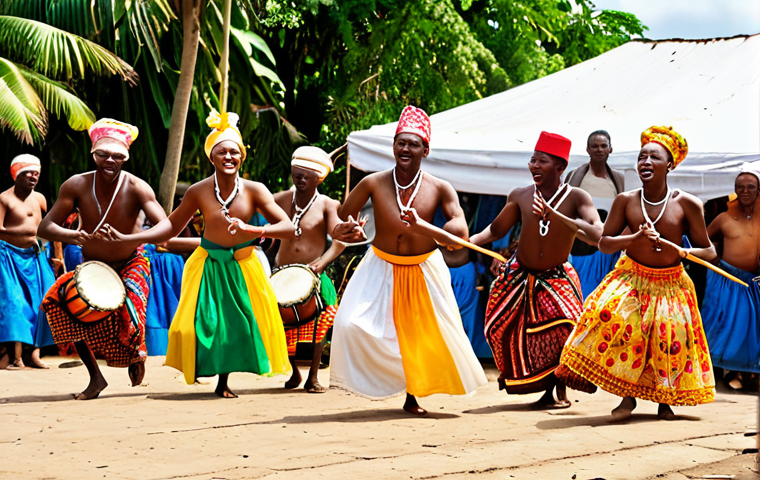 A vibrant outdoor scene capturing a traditional Comorian folk dance performance. Energetic dancers in colorful, flowing attire are in mid-movement, embodying the lively spirit. Musicians passionately play 'Ngoma' and 'Mbuji' drums, a 'flute', and a 'gabus' or 'oud', filling the festive atmosphere with rich melodies. The setting is bright and joyful, highlighting the deep communal and cultural heritage of Comoros.