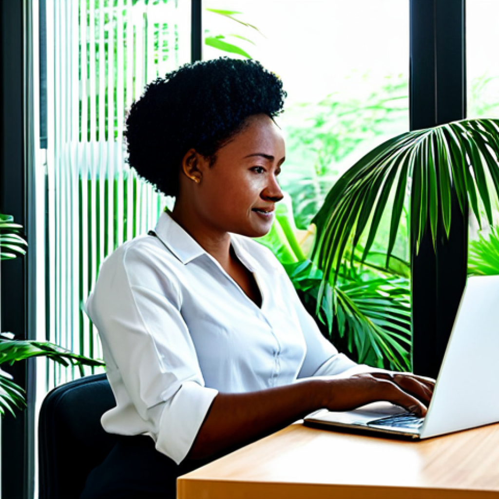**
"A Comorian woman, fully clothed in professional attire, working on a laptop in a modern co-working space with lush green plants visible through the window, depicting the growing tech and online service sector in Comoros. Safe for work, appropriate content, perfect anatomy, professional, modest, family-friendly, natural proportions, well-formed hands, proper finger count."
**