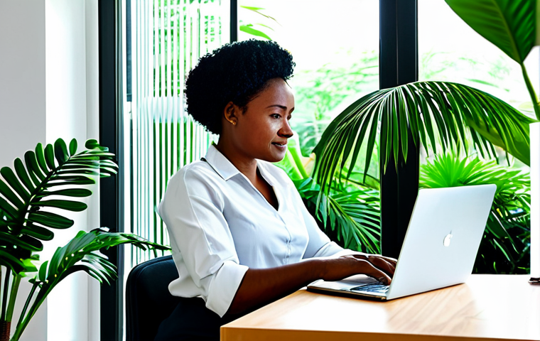 **

"A Comorian woman, fully clothed in professional attire, working on a laptop in a modern co-working space with lush green plants visible through the window, depicting the growing tech and online service sector in Comoros. Safe for work, appropriate content, perfect anatomy, professional, modest, family-friendly, natural proportions, well-formed hands, proper finger count."

**