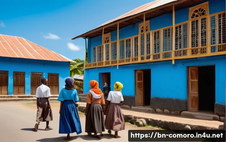 코모로와 프랑스 식민지 역사 - A vibrant street scene in Comoros during French colonial times, showing a blend of traditional Comor...