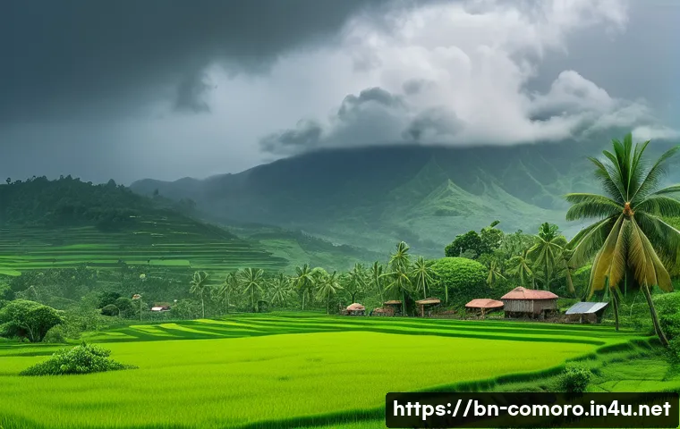 코모로 우기와 건기 차이 - A lush green Comoros island landscape during the rainy season, with vibrant tropical trees, rice pad...