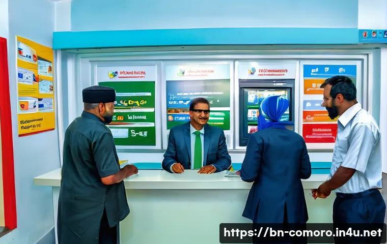 코모로 공공 서비스 질 평가 - A modern government service center in Comoros, showing a diverse group of Bengali-speaking citizens ...