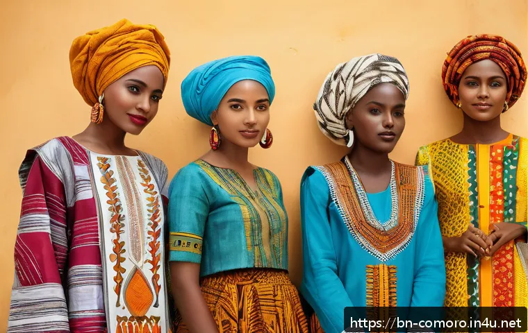 코모로 청소년 문화 - A vibrant scene depicting young Comorian artists blending tradition and modernity: a group of youthf...