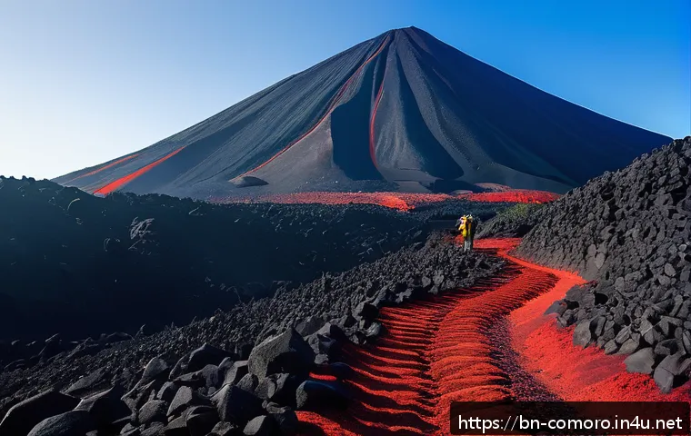 코모로 화산투어 안내 - A detailed landscape scene of Mount Karthala volcano in Comoros during the dry season, showcasing vi...