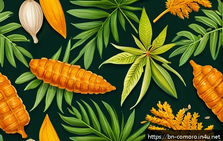코모로 전통 의학 활용 사례 - A detailed botanical illustration of traditional medicinal plants used in Comoros, featuring neem le...