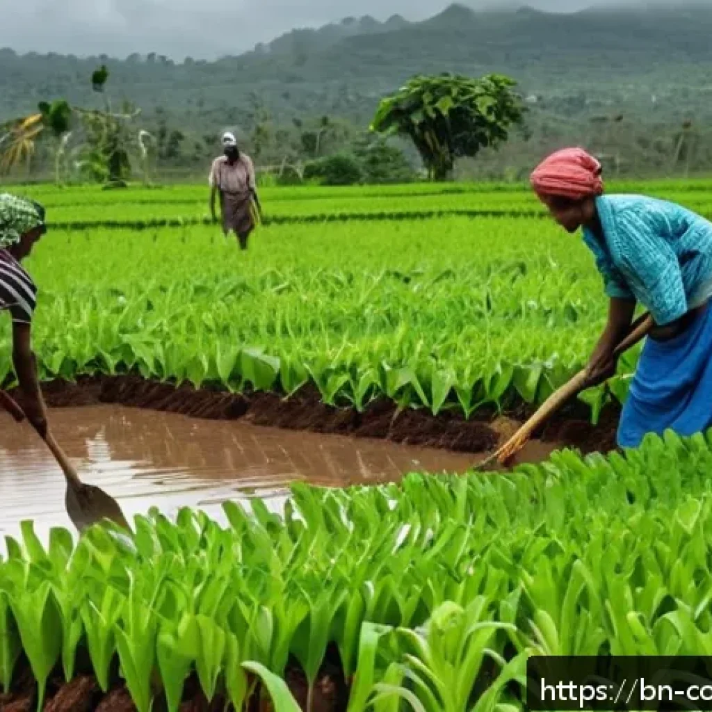 코모로 기후 변화 영향 - A detailed rural Comorian farming scene showing farmers wearing modest clothing and working in field...
