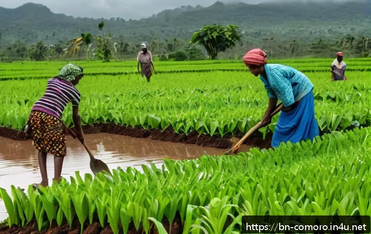 코모로 기후 변화 영향 - A detailed rural Comorian farming scene showing farmers wearing modest clothing and working in field...