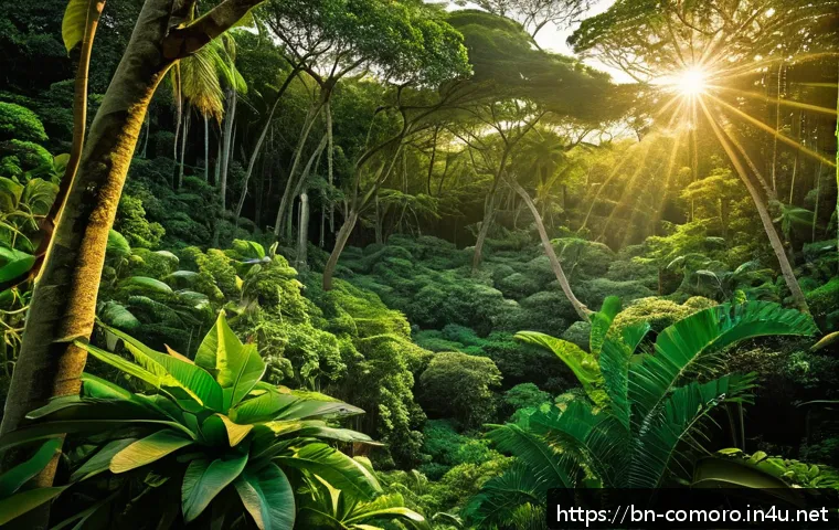 코모로 국립 공원 탐방 - A vibrant scene inside Comoros National Park showcasing its rich biodiversity: colorful birds includ...