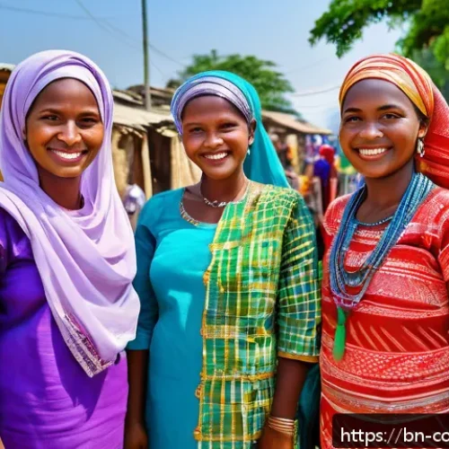 코모로 국제 원조 사례 - A vibrant rural Comorian village scene showing empowered women wearing colorful traditional clothing...