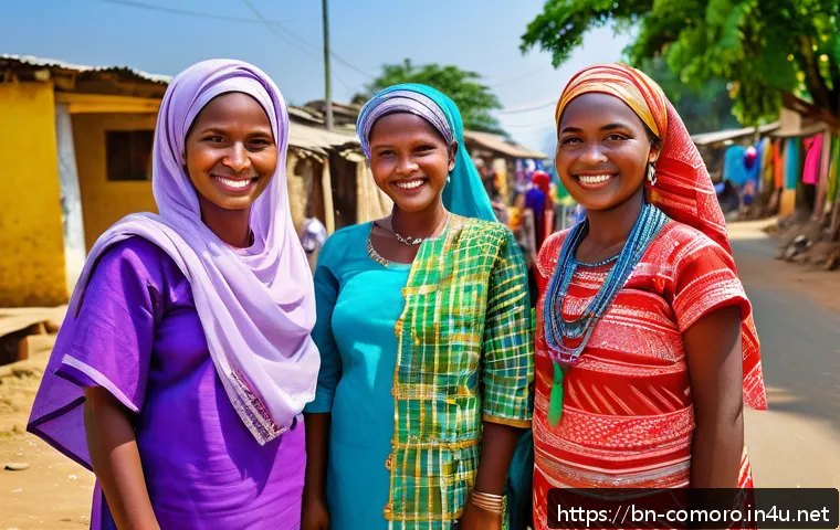 코모로 국제 원조 사례 - A vibrant rural Comorian village scene showing empowered women wearing colorful traditional clothing...