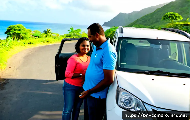 Home 17 코모로 렌터카 대여 방법 - Photorealistic travel rental scene in Comoros, a friendly local car rental agent handing car keys to...