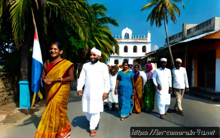 코모로 축제와 공휴일 - Photorealistic Comoros national holiday celebration on a sunny Indian Ocean island street, diverse C...